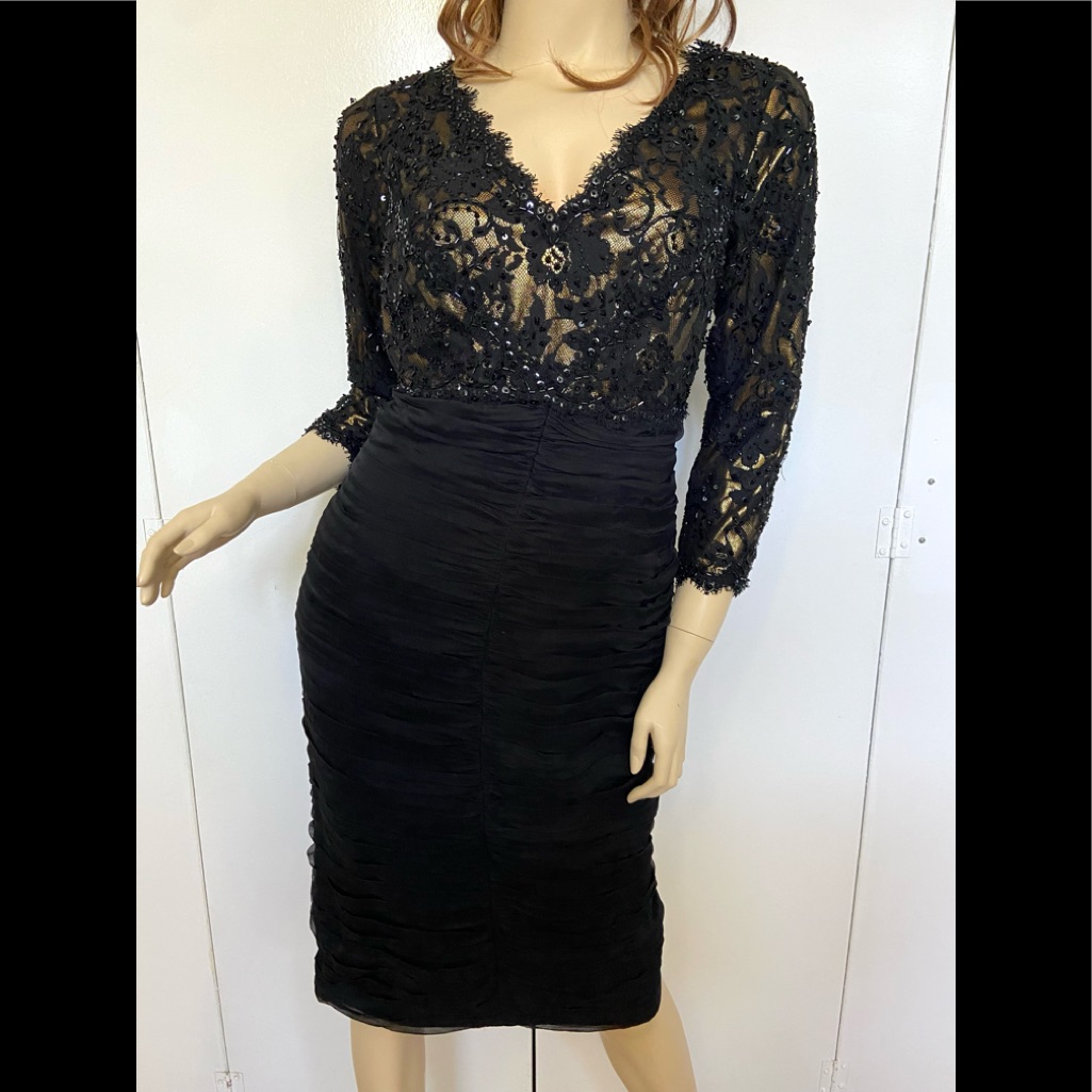 Exc Tadashi Collection Stretchy Silk Lace Gold Metallic Sequins Black Dress